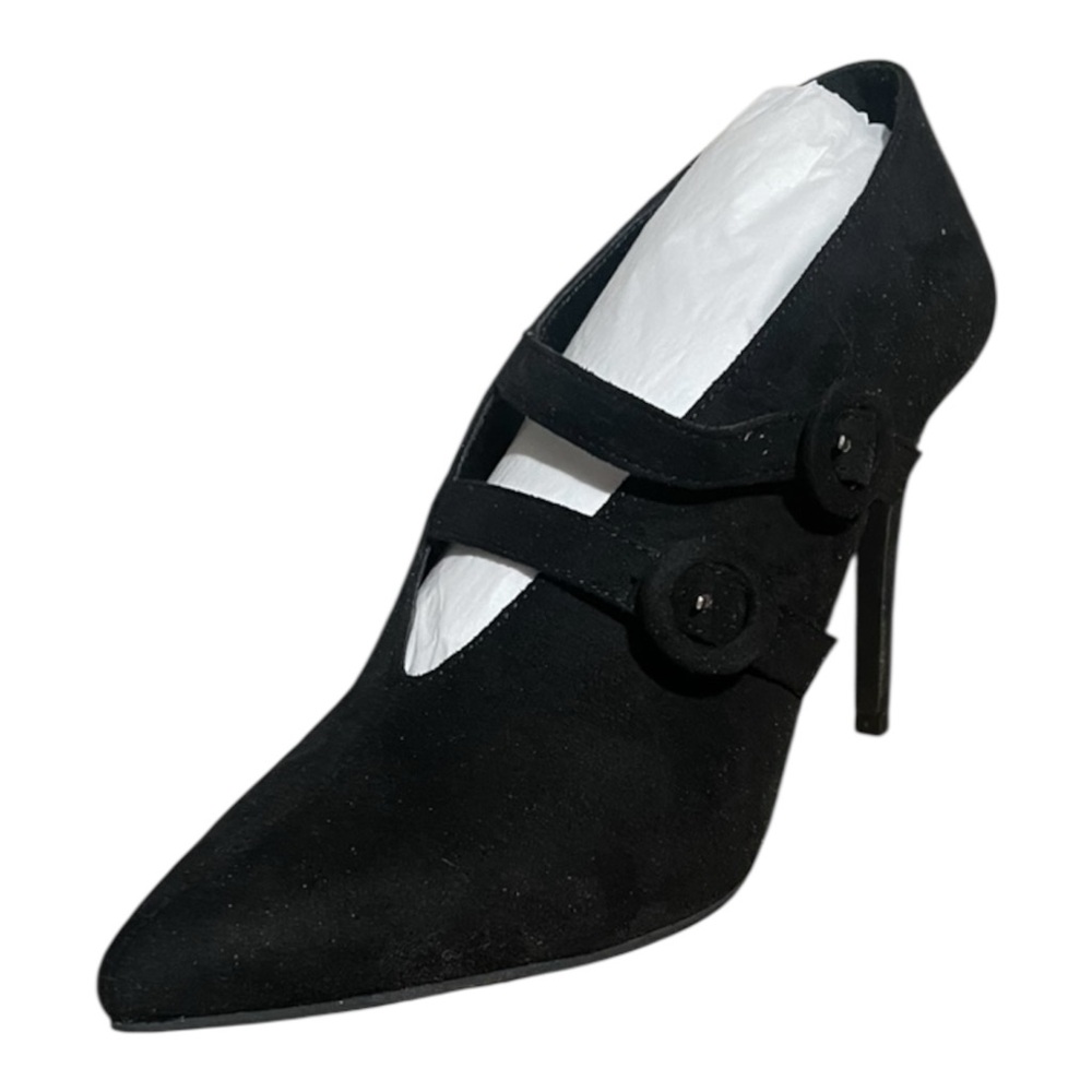 Le Chateau Black Suede Pointy Toe Mary Jane Pump Heals 2 Adjustable Straps 39